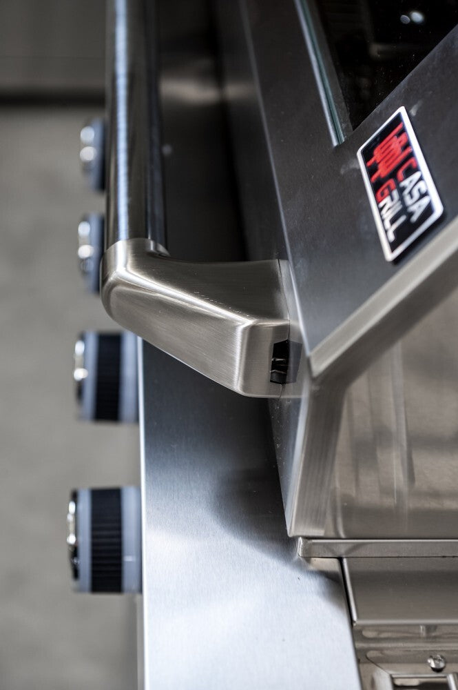 Bucătărie modulară de exterior în formă de L din inox cu grătar pe gaz, 2 frigidere, chiuvetă cu robinet, dulap și blat din Quartz
