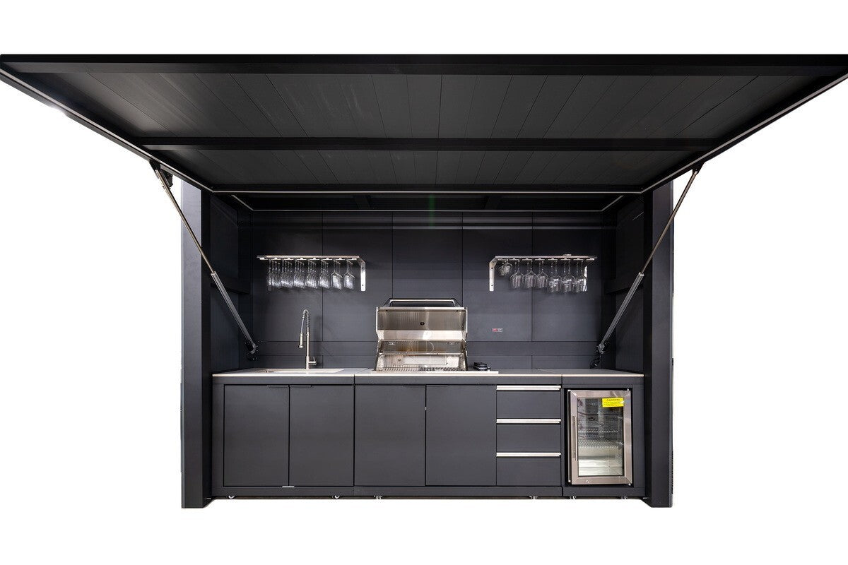 Outdoor Kitchen Box 340 – structură modulară din aluminiu pentru bucătărie de exterior cu acoperiș rabatabil 3.34 x 2.41 x 0.96 m