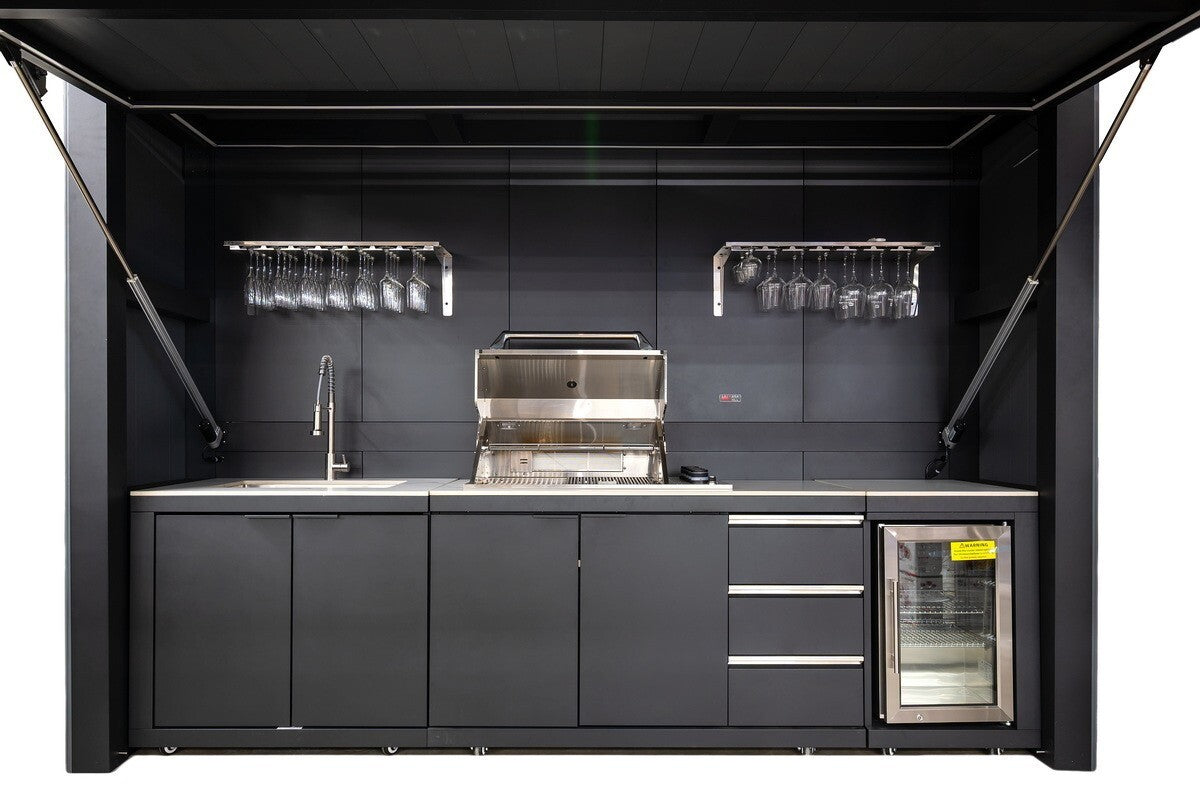Outdoor Kitchen Box 340 – structură modulară din aluminiu pentru bucătărie de exterior cu acoperiș rabatabil 3.34 x 2.41 x 0.96 m