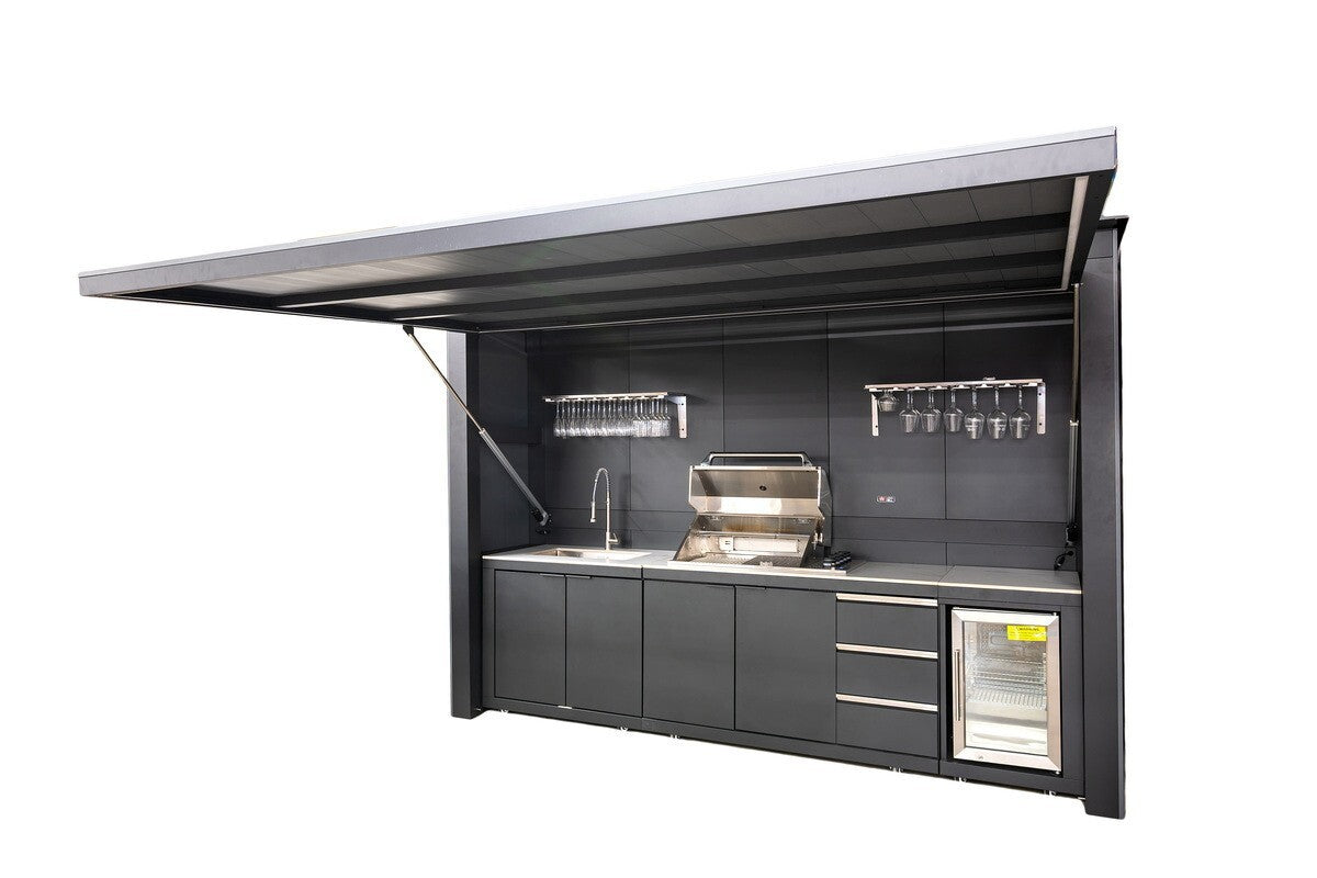 Outdoor Kitchen Box 340 – structură modulară din aluminiu pentru bucătărie de exterior cu acoperiș rabatabil 3.34 x 2.41 x 0.96 m