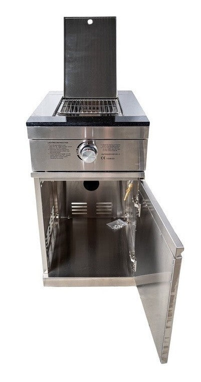 Bucătărie modulară de exterior din inox cu grătar pe gaz, zonă de gătire laterală, chiuvetă cu robinet, sertare și dulapuri
