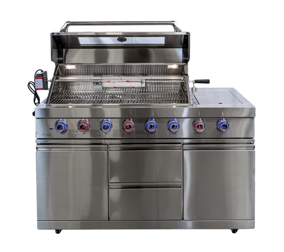 Bucătărie modulară de exterior în formă de L din inox cu grătar pe gaz, 2 frigidere, chiuvetă cu robinet, dulap și blat din Quartz