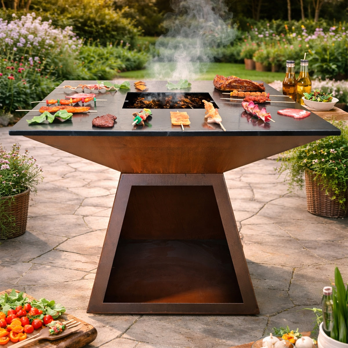 Gratar pe lemne L1000*W1000*H900mm, greutatea 125kg, rustic