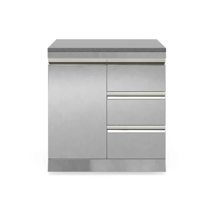 Bucătărie modulară de exterior în formă de L din inox cu grătar pe gaz, chiuvetă cu robinet, sertare și dulapuri