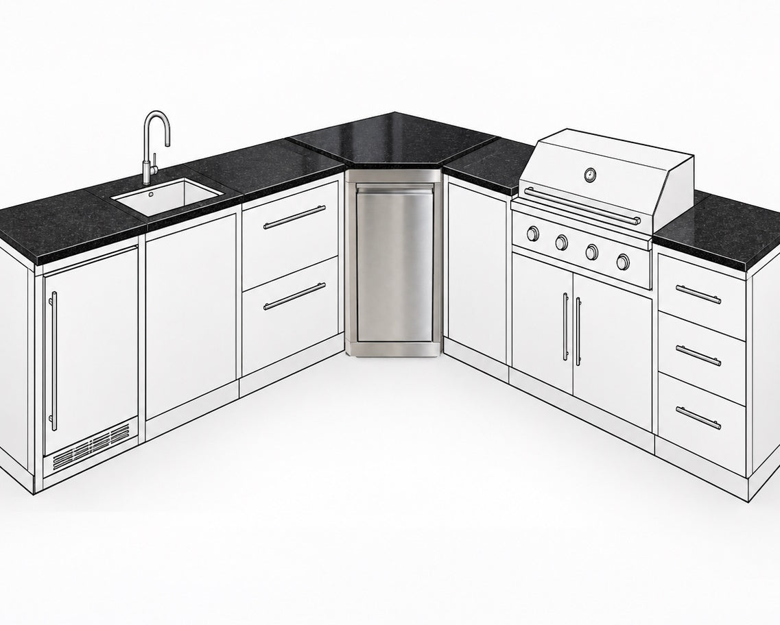 Modul de colț pentru bucătărie de exterior din inox cu ușă și blat din Quartz