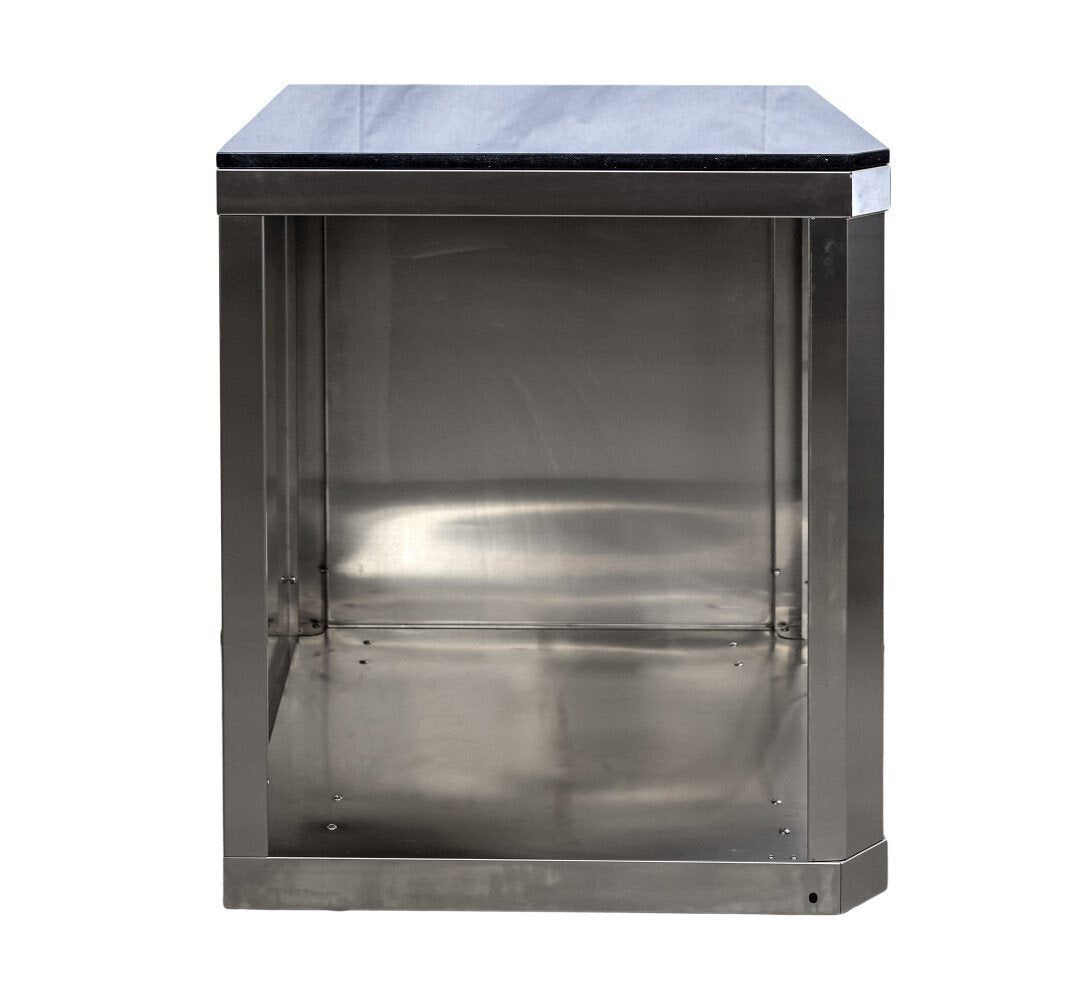 Bucătărie outdoor în L din inox cu grătar, frigider, chiuvetă și blat Quartz