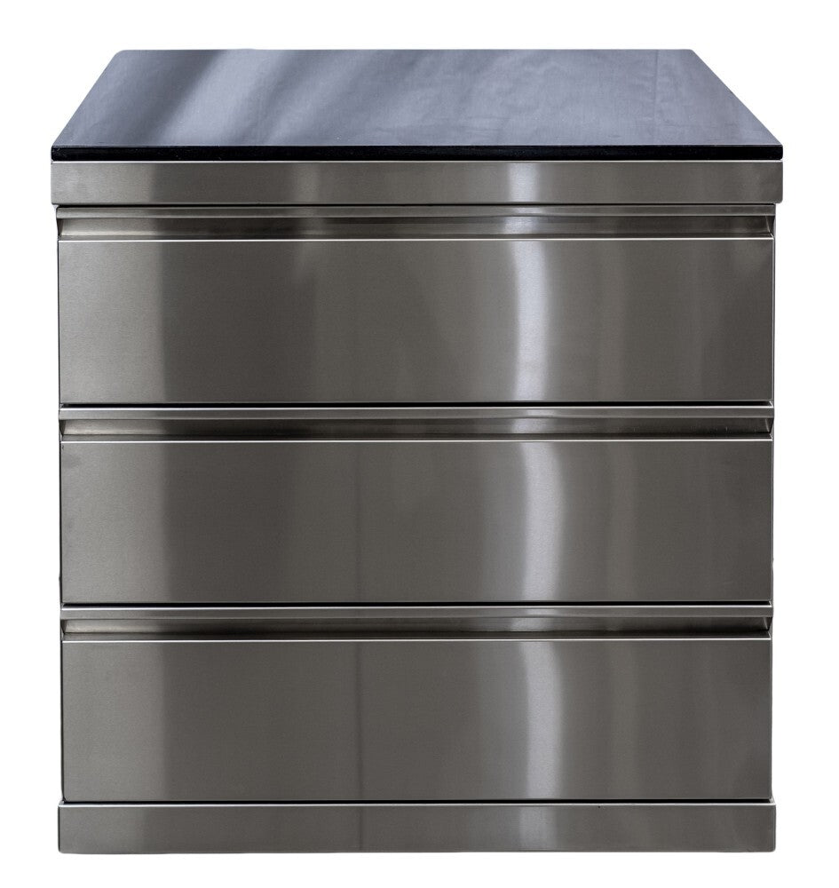 Bucătărie modulară de exterior în formă de L din inox cu grătar pe gaz, 3 sertare, chiuvetă cu robinet și blat din Quartz