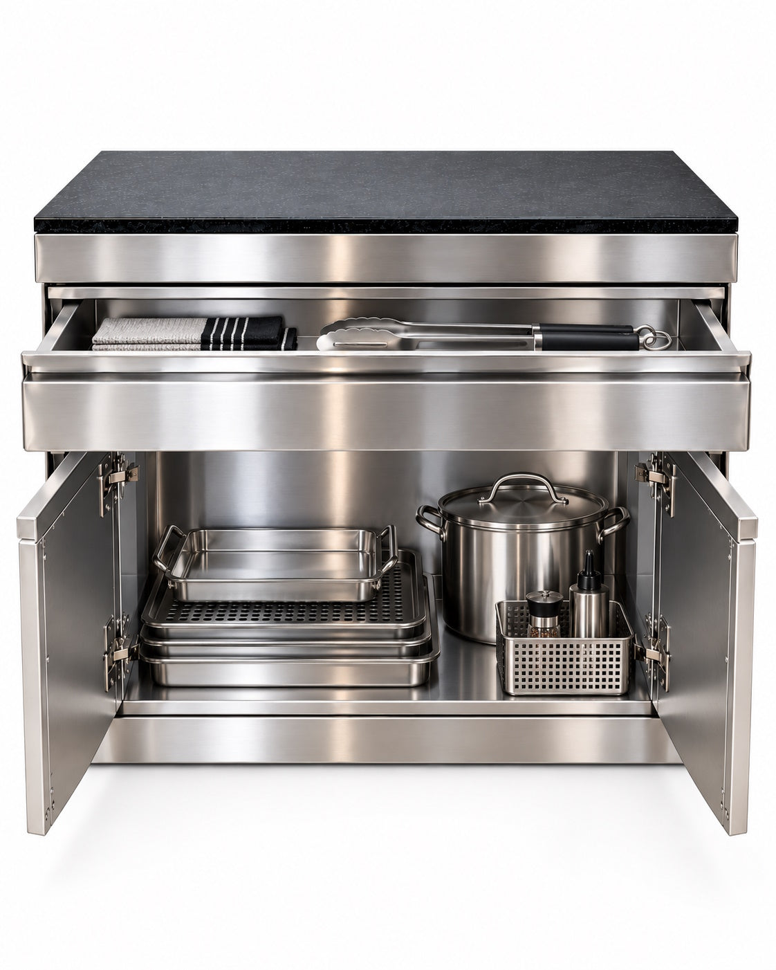 Modul bucătărie de exterior din inox cu 2 uși, sertar și blat din Quartz