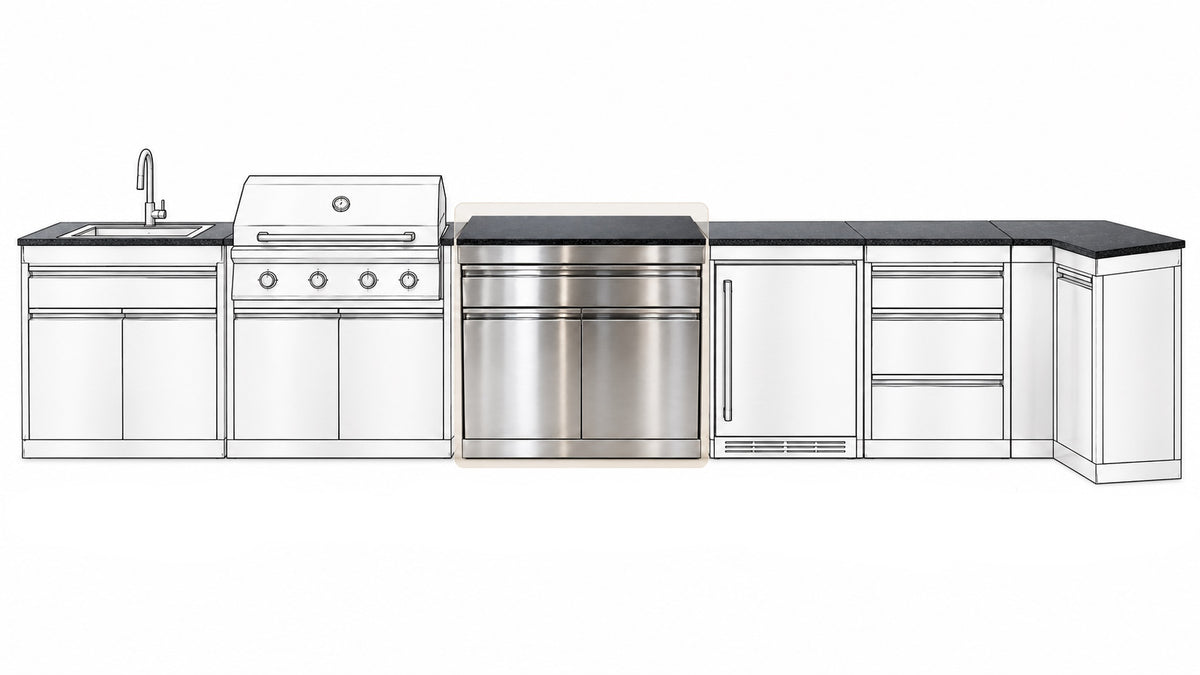 Modul bucătărie de exterior din inox cu 2 uși, sertar și blat din Quartz