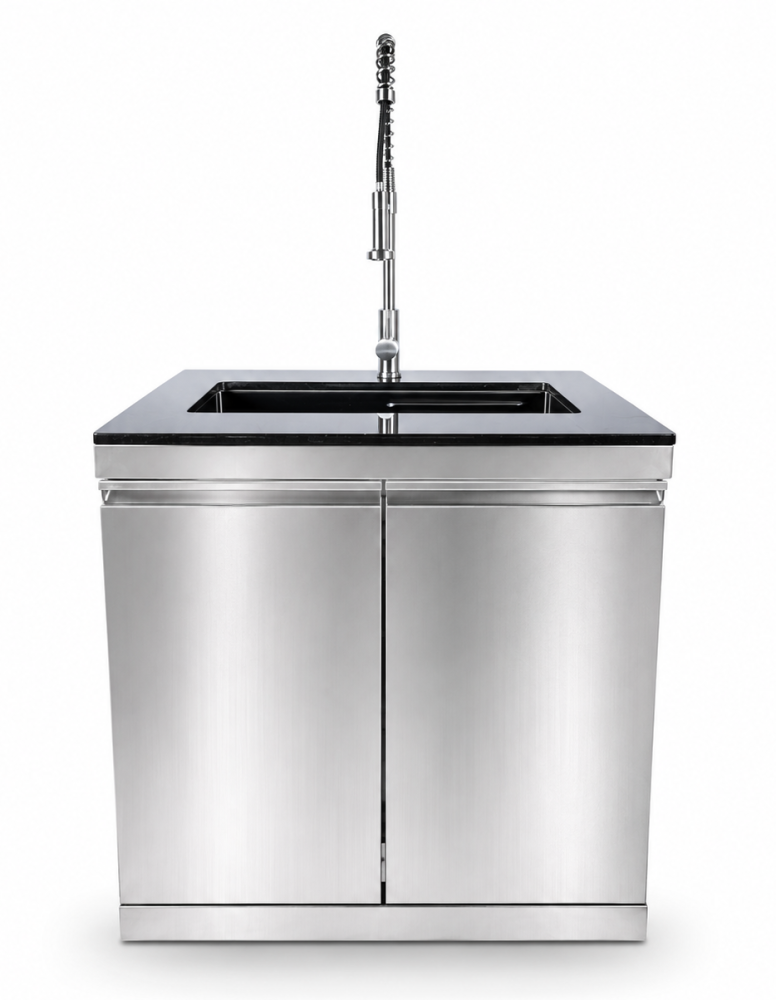 Bucătărie modulară de exterior din inox cu grătar pe gaz, zonă de gătire laterală, chiuvetă cu robinet, sertare și dulapuri