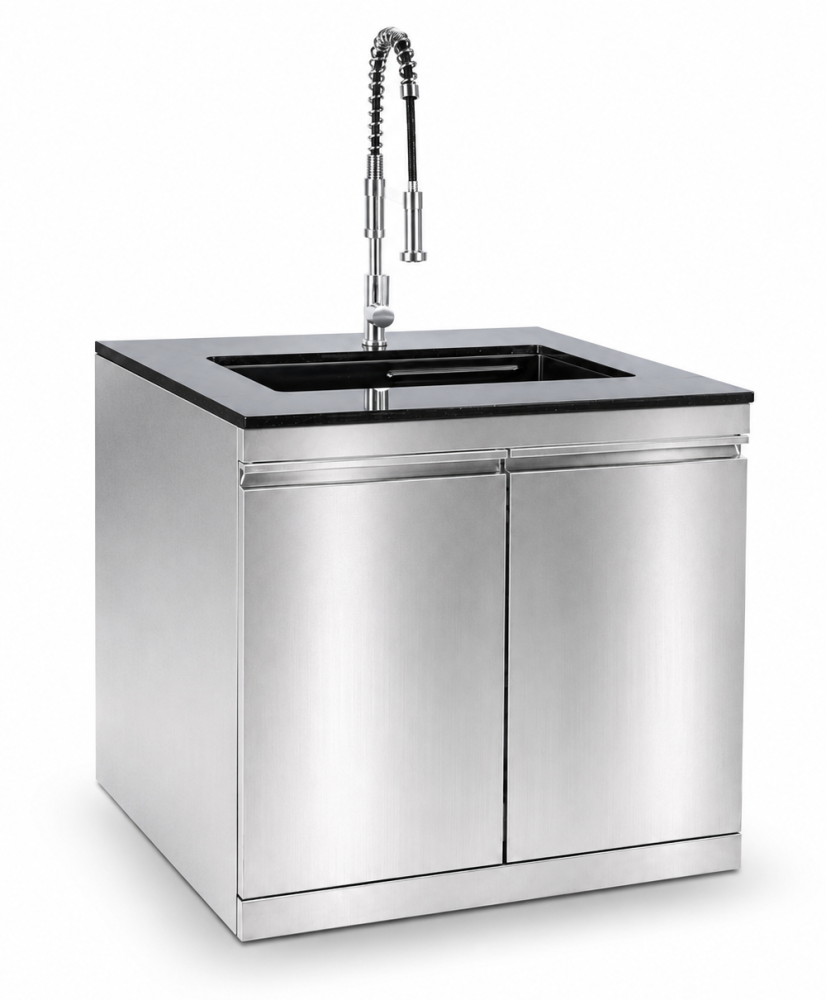 Bucătărie modulară de exterior din inox cu grătar pe gaz, zonă de gătire laterală, chiuvetă cu robinet, sertare și dulapuri