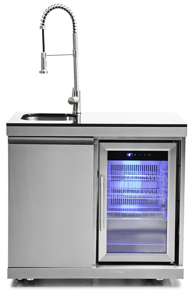 Bucătărie modulară de exterior în formă de L din inox cu grătar pe gaz, 2 frigidere, chiuvetă cu robinet, dulap și blat din Quartz