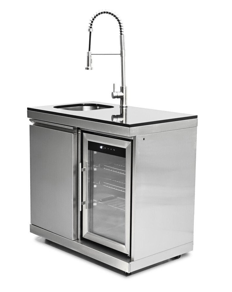 Bucătărie modulară de exterior în formă de L din inox cu grătar pe gaz, 2 frigidere, chiuvetă cu robinet, dulap și blat din Quartz