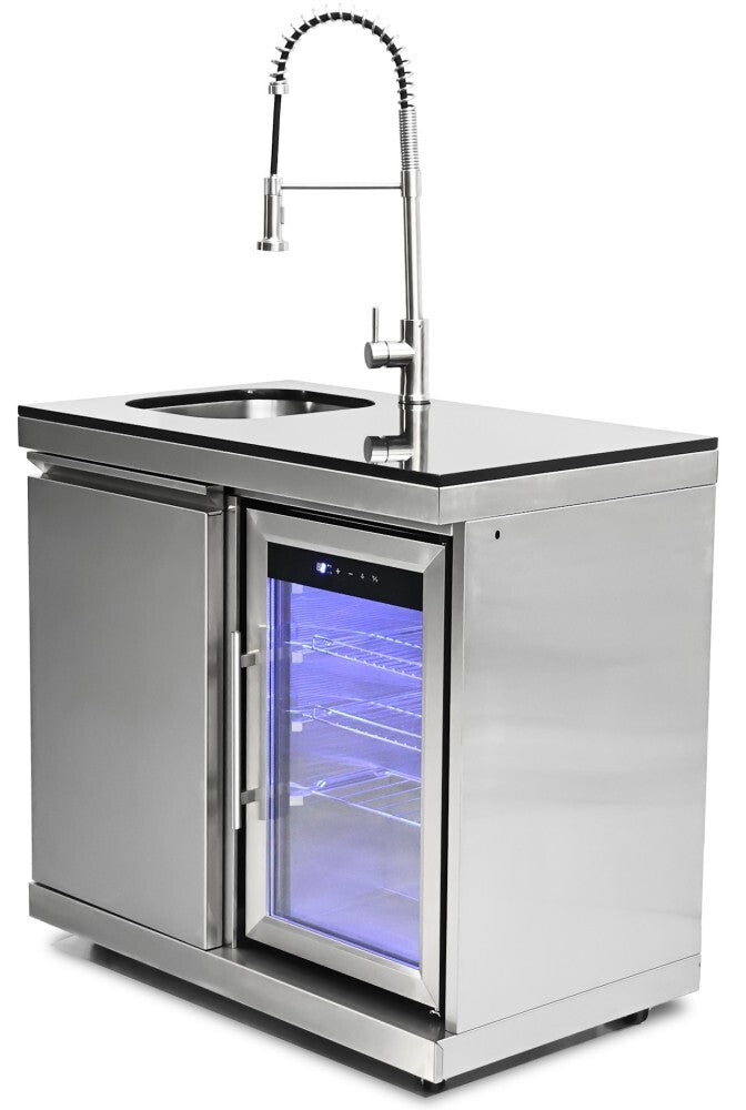Bucătărie modulară de exterior în formă de L din inox cu grătar pe gaz, 2 frigidere, chiuvetă cu robinet, dulap și blat din Quartz