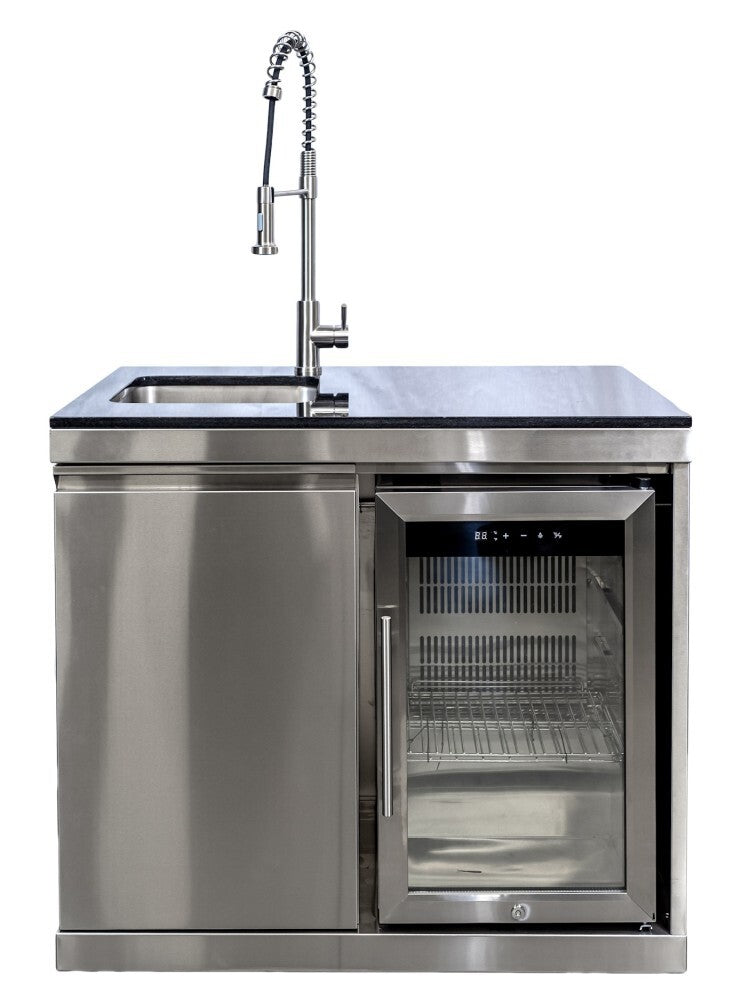 Bucătărie modulară de exterior în formă de L din inox cu grătar pe gaz, 2 frigidere, chiuvetă cu robinet, dulap și blat din Quartz