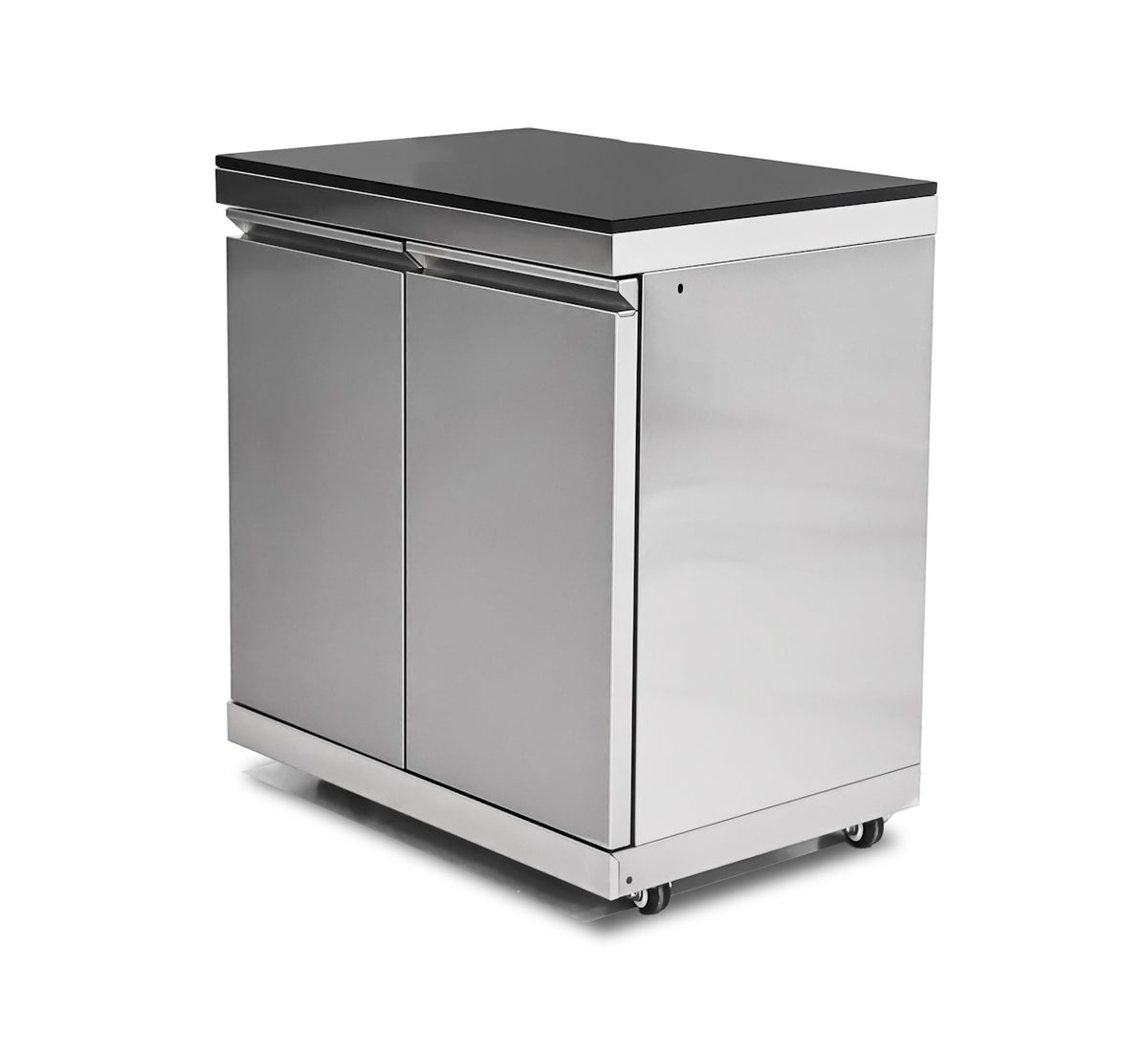 Bucatarie modulara exterioara din inox, blat Quartz, frigider si chiveta