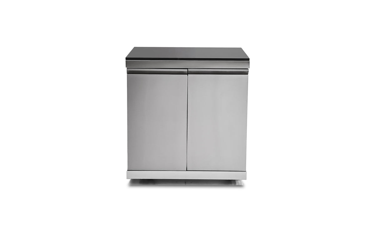 Bucatarie modulara exterioara din inox, blat Quartz, frigider si chiveta