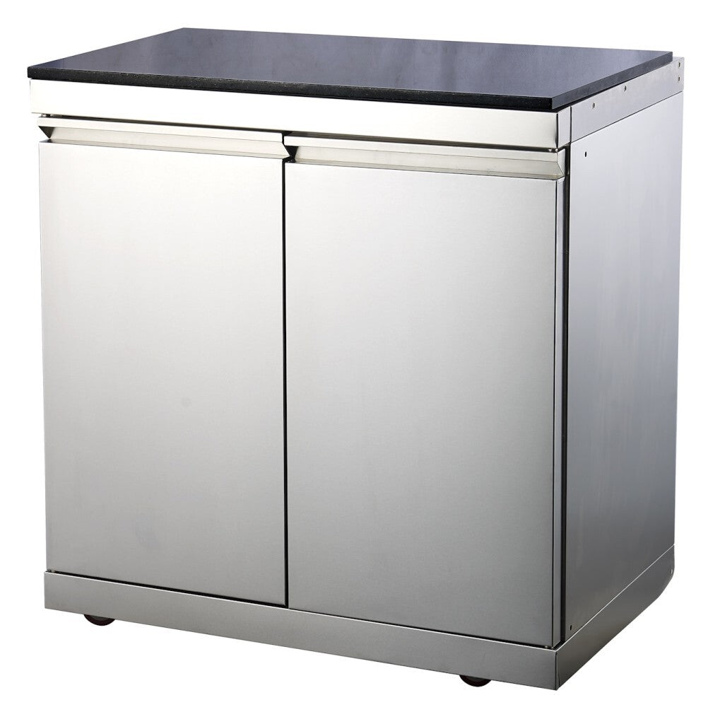 Bucătărie modulară de exterior în formă de L din inox cu grătar pe gaz, chiuvetă cu robinet, dulapuri și blat din piatră artificială Quartz