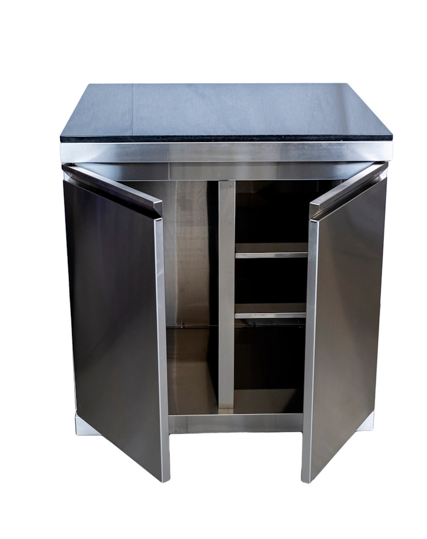 Bucatarie modulara exterioara din inox, blat Quartz, frigider si chiveta