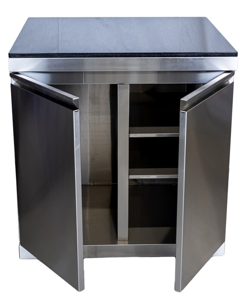 Bucătărie modulară de exterior în formă de L din inox cu grătar pe gaz, chiuvetă cu robinet, dulapuri și blat din piatră artificială Quartz
