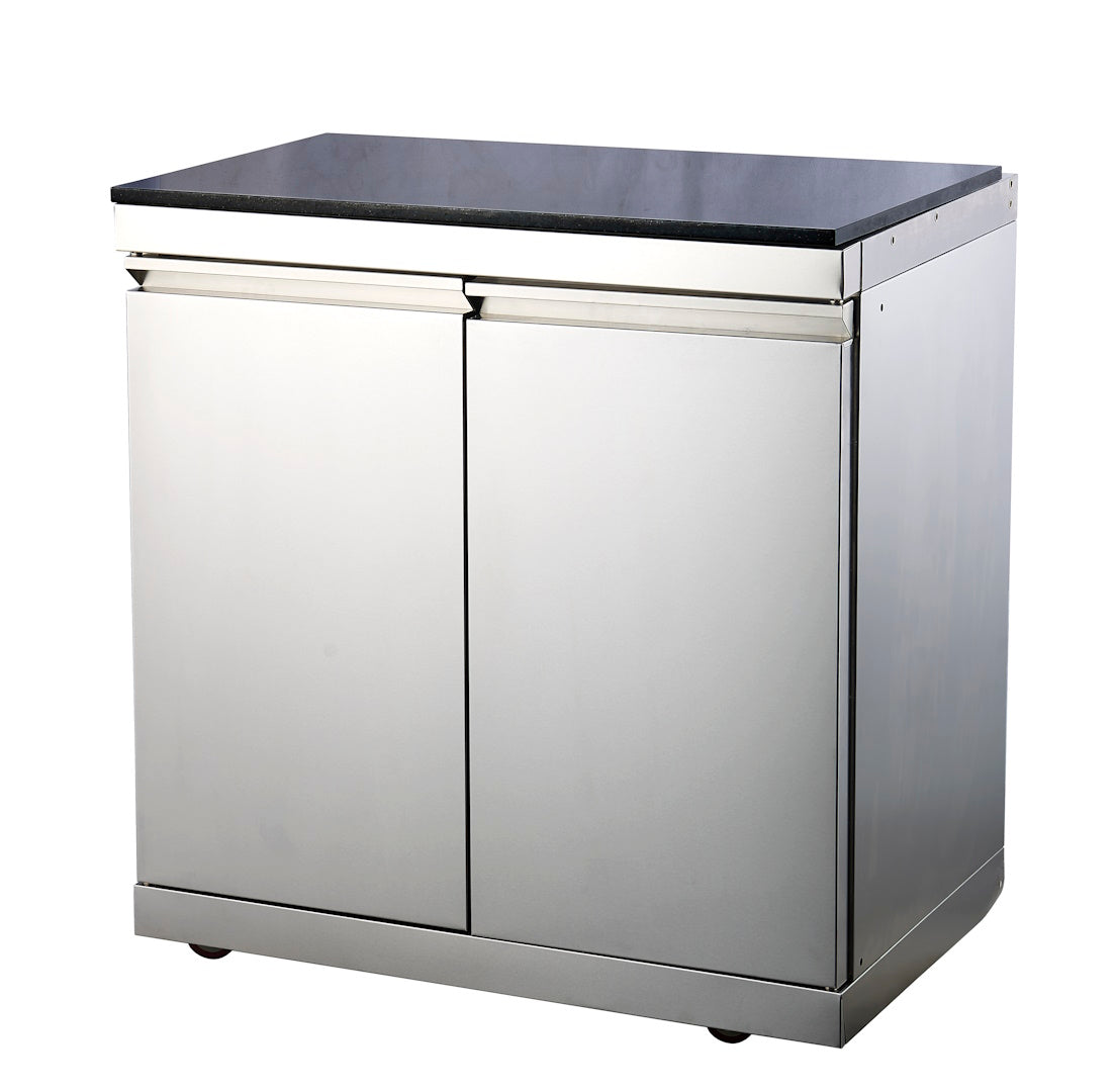 Bucatarie modulara exterioara din inox, blat Quartz, frigider si chiveta