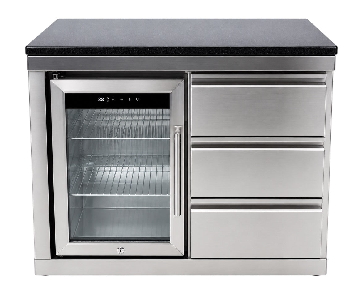 Bucătărie outdoor în L din inox cu grătar, frigider, chiuvetă și blat Quartz