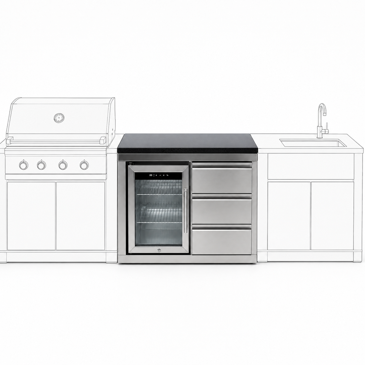 Modul pentru bucătărie de exterior din inox, cu blat din cuarț, dulap cu frigider și 3 sertare