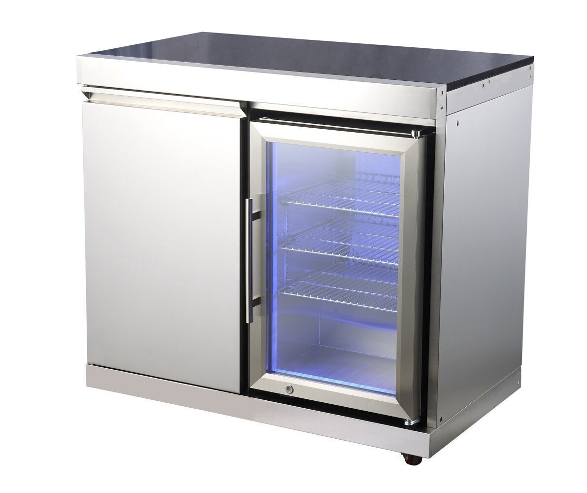 Bucătărie modulară de exterior în formă de L din inox cu grătar pe gaz, 2 frigidere, chiuvetă cu robinet, dulap și blat din Quartz