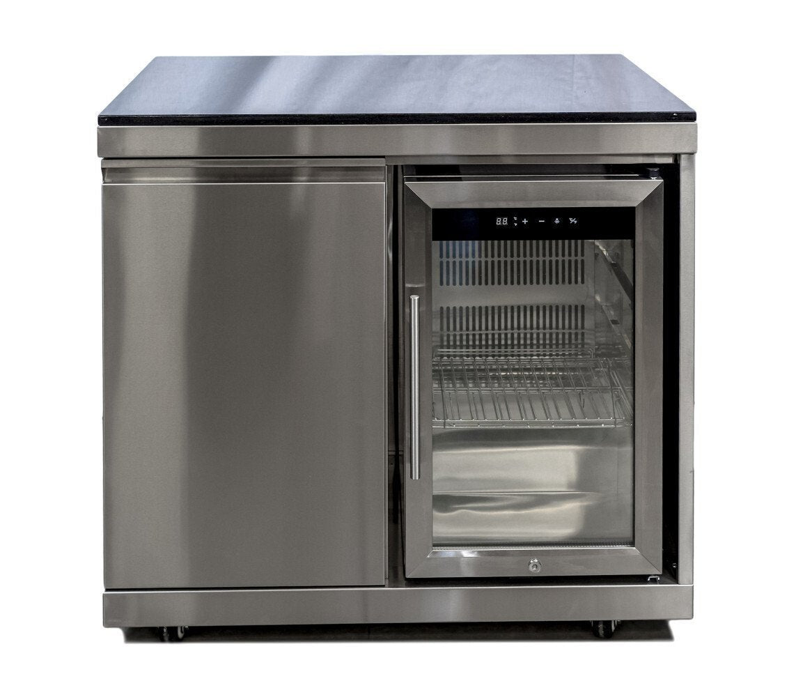 Bucătărie modulară de exterior în formă de L din inox cu grătar pe gaz, 2 frigidere, chiuvetă cu robinet, dulap și blat din Quartz