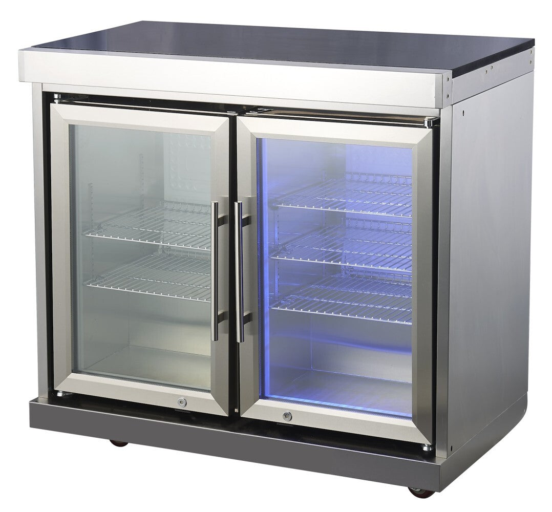 Bucătărie modulară de exterior în formă de L din inox cu grătar pe gaz, 2 frigidere, chiuvetă cu robinet și blat din piatră artificială Quartz