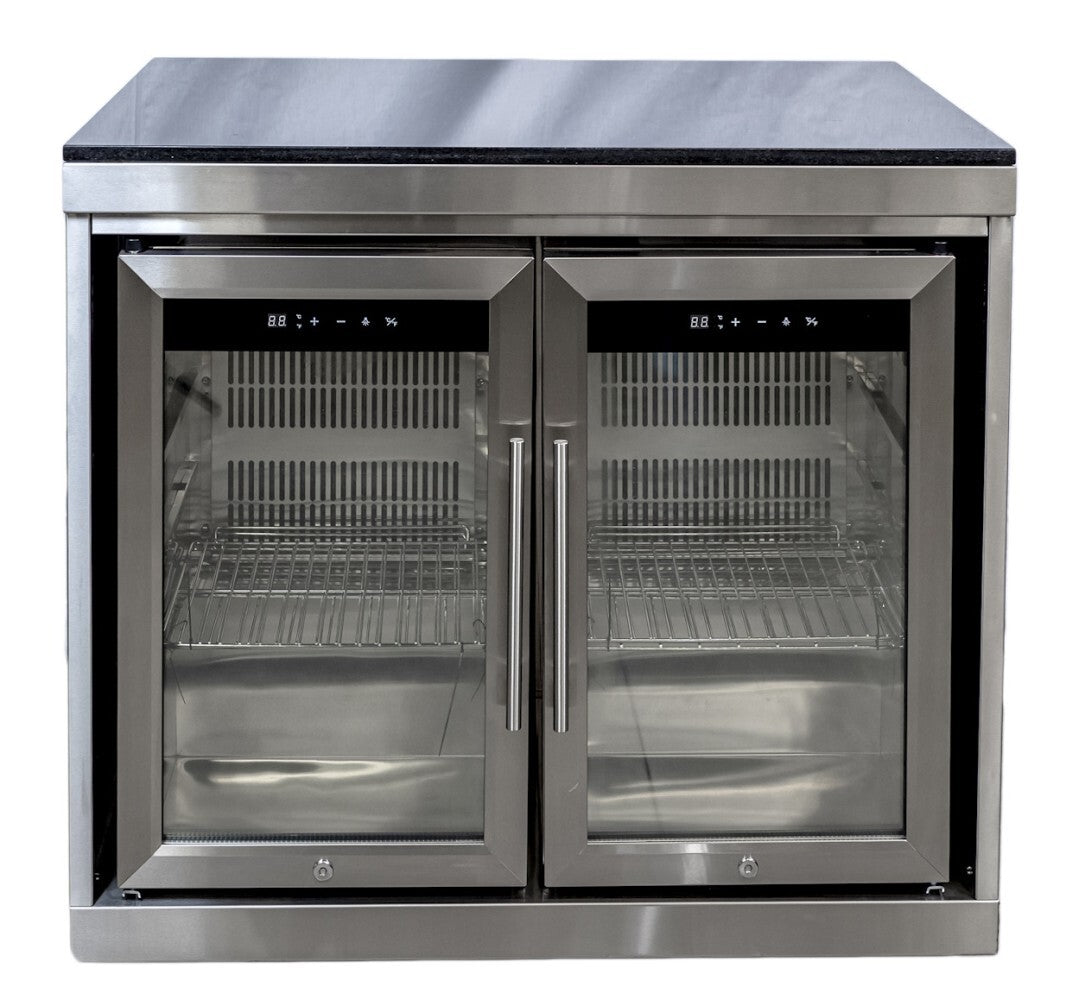 Bucătărie modulară de exterior în formă de L din inox cu grătar pe gaz, 2 frigidere, chiuvetă cu robinet și blat din piatră artificială Quartz
