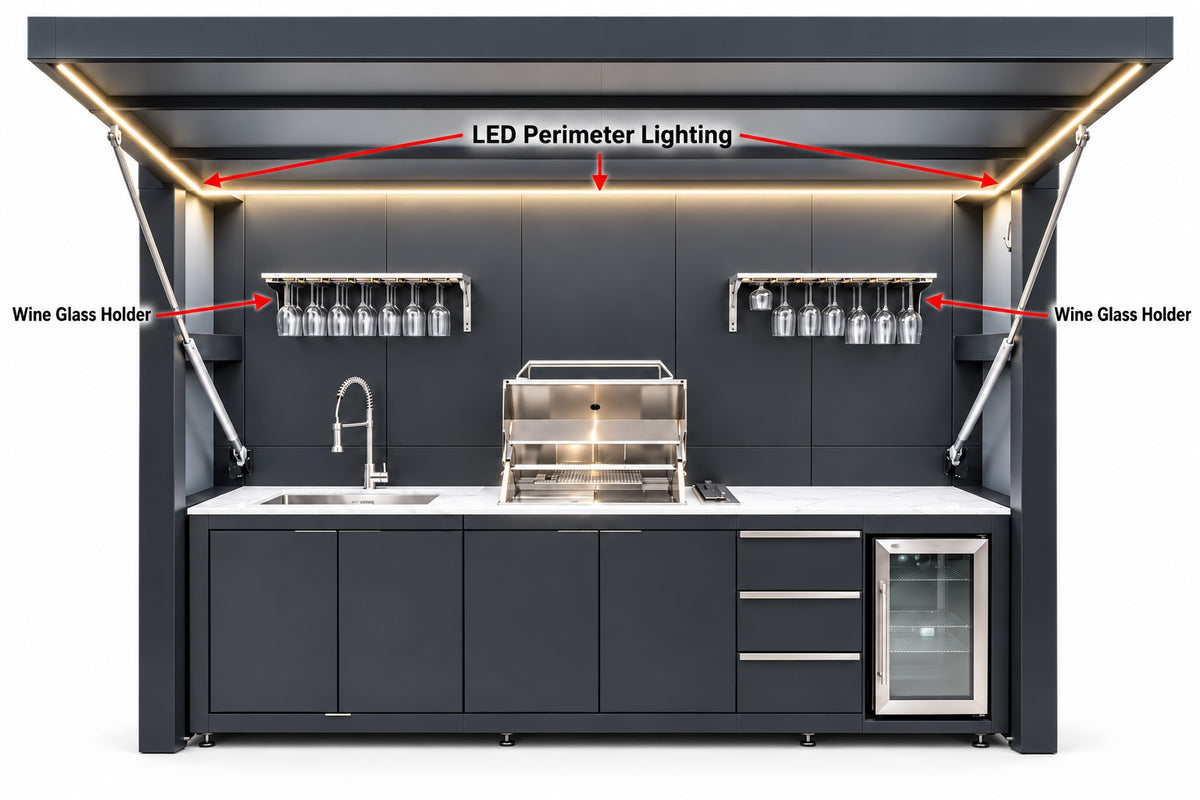 Outdoor Kitchen Box 340 – structură modulară din aluminiu pentru bucătărie de exterior cu acoperiș rabatabil 3.34 x 2.41 x 0.96 m