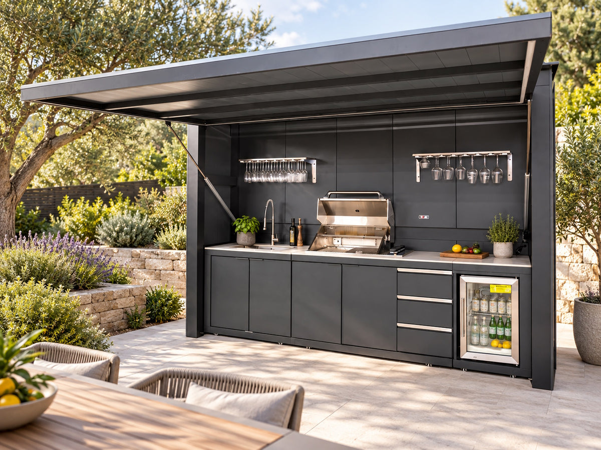 Outdoor Kitchen Box 340 – structură modulară din aluminiu pentru bucătărie de exterior cu acoperiș rabatabil 3.34 x 2.41 x 0.96 m