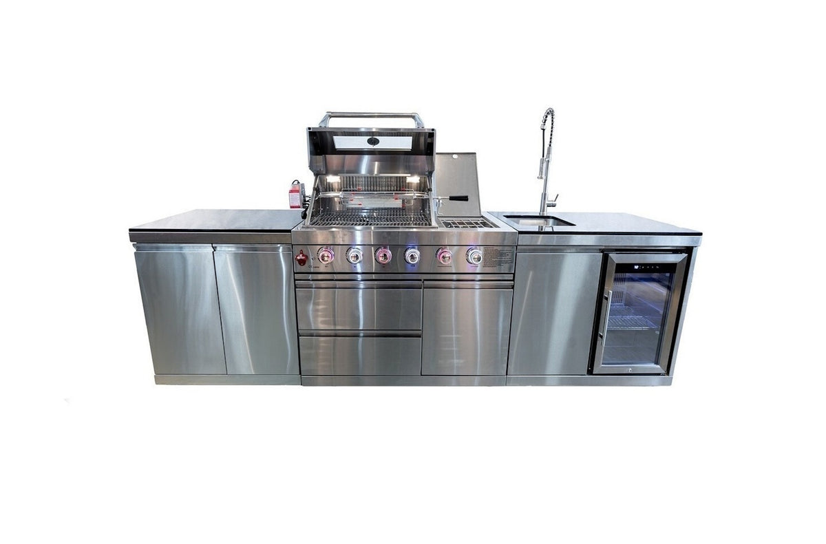 Bucatarie modulara exterioara din inox, blat Quartz, frigider si chiveta