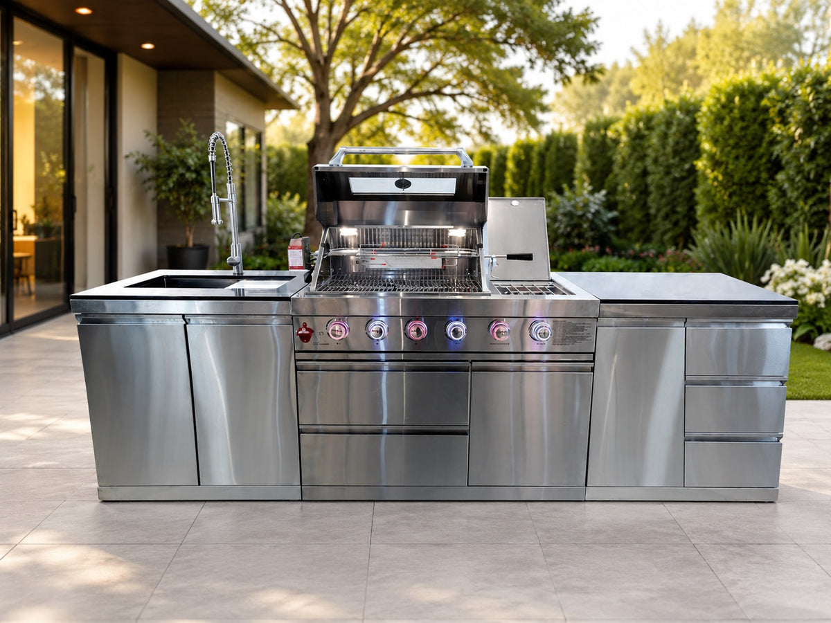 Bucătărie modulară de exterior din inox cu grătar pe gaz Infrared, arzător posterior Infrared, aragaz, chiuvetă, organizatoare și blat din quartz