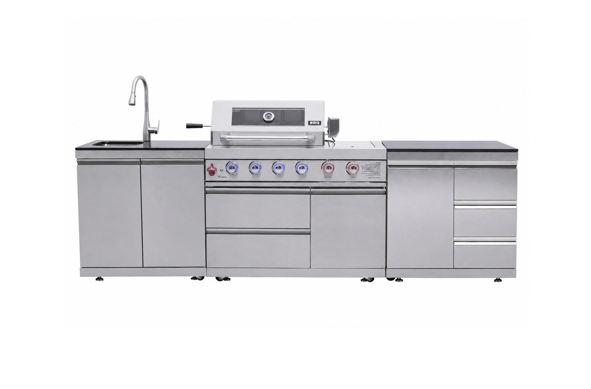 Bucătărie modulară de exterior din inox cu grătar pe gaz Infrared, arzător posterior Infrared, aragaz, chiuvetă, organizatoare și blat din quartz