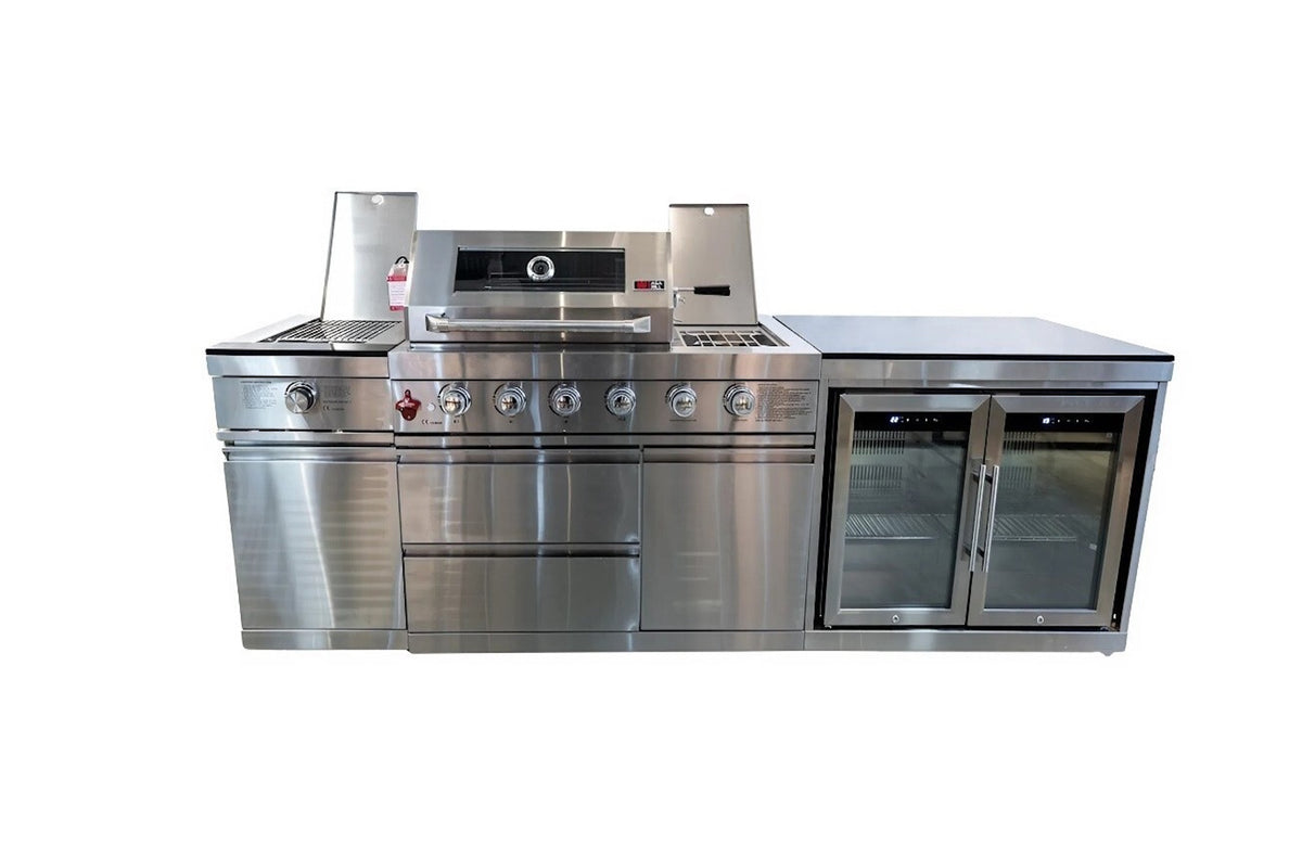 Bucătărie modulară de exterior cu grătar pe gaz Infrared, arzător posterior Infrared, aragaz, 2 frigidere și zonă de gătire Infrared