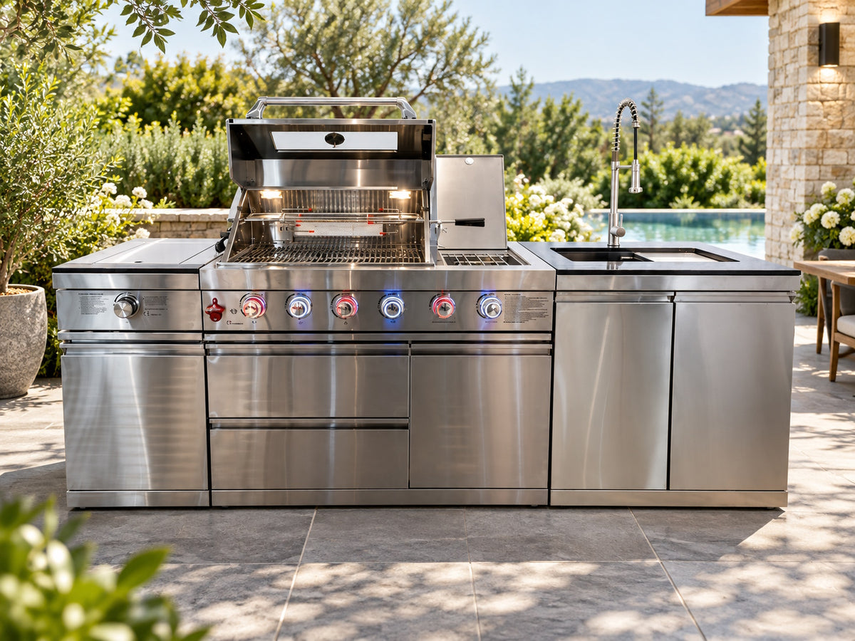 Bucătărie modulară de exterior din inox cu grătar pe gaz, zonă de gătire laterală, chiuvetă cu robinet, sertare și dulapuri