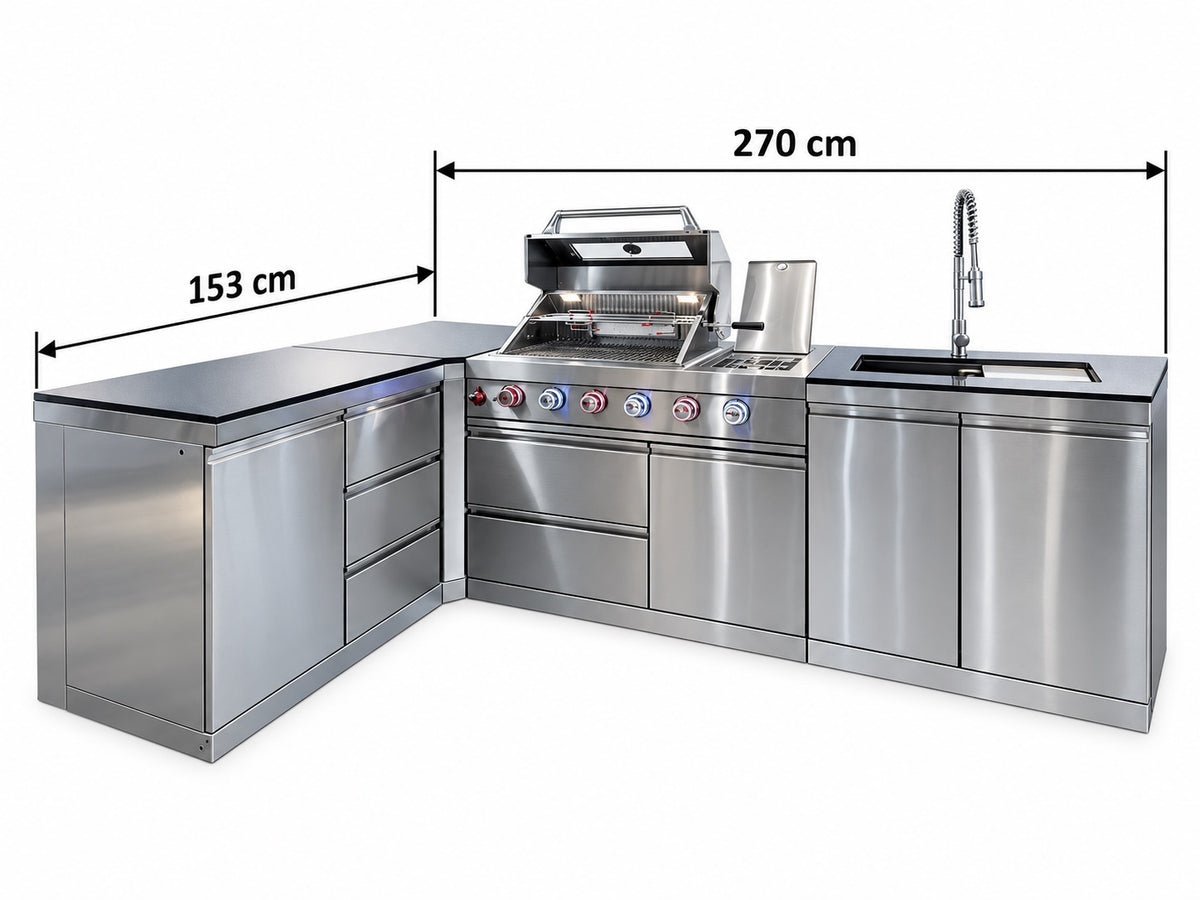 Bucătărie modulară de exterior în formă de L din inox cu grătar pe gaz, chiuvetă cu robinet, sertare și dulapuri