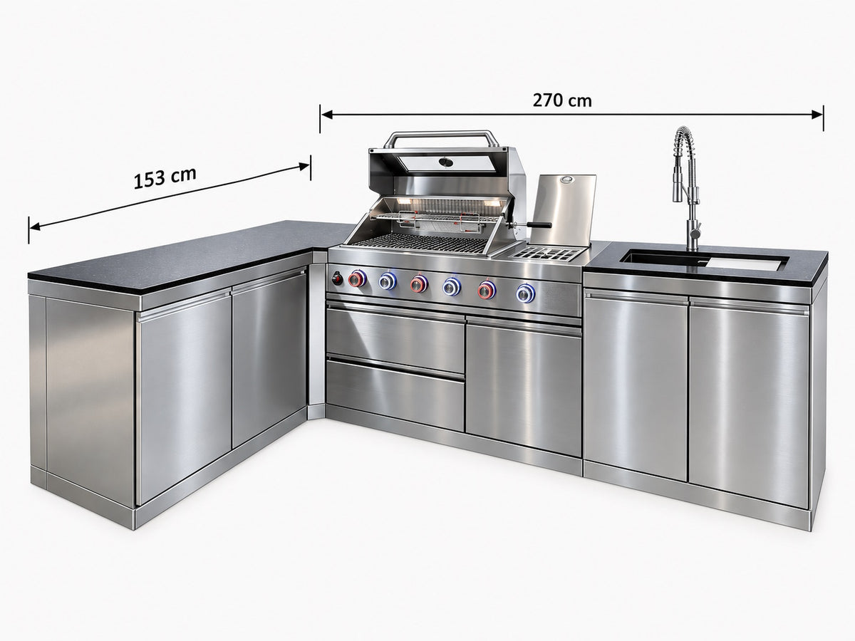 Bucătărie modulară de exterior în formă de L din inox cu grătar pe gaz, chiuvetă cu robinet, dulapuri și blat din piatră artificială Quartz