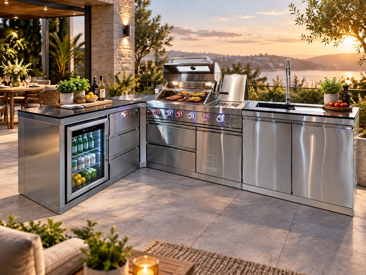 Bucătărie outdoor în L din inox cu grătar, frigider, chiuvetă și blat Quartz