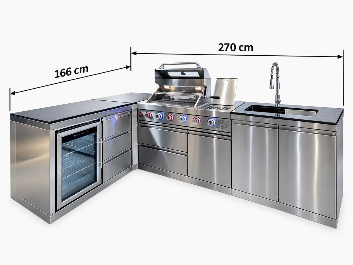 Bucătărie outdoor în L din inox cu grătar, frigider, chiuvetă și blat Quartz