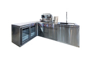 Bucătărie modulară de exterior în formă de L din inox cu grătar pe gaz, 2 frigidere, chiuvetă cu robinet și blat din piatră artificială Quartz