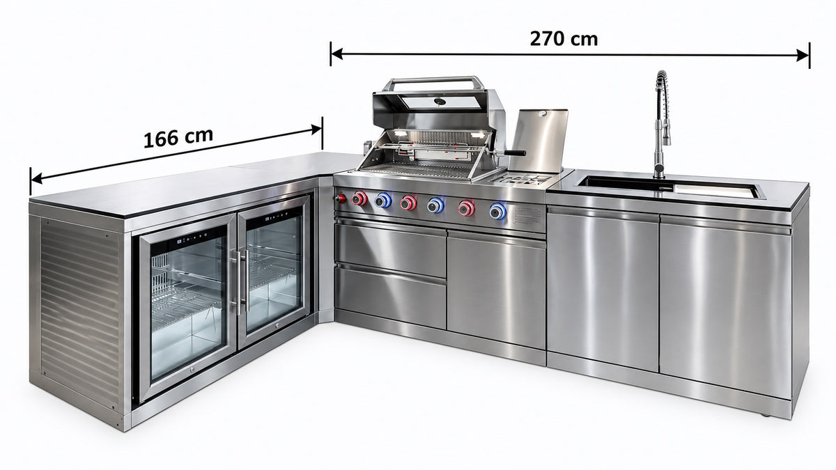 Bucătărie modulară de exterior în formă de L din inox cu grătar pe gaz, 2 frigidere, chiuvetă cu robinet și blat din piatră artificială Quartz