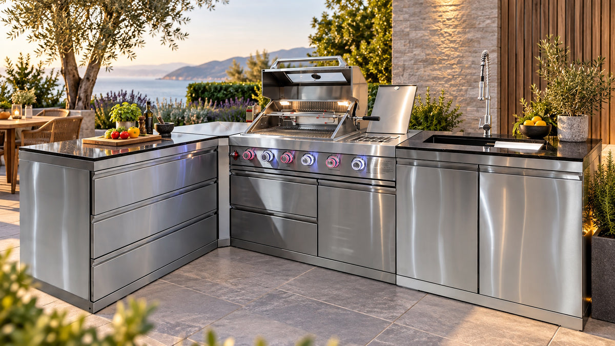 Bucătărie modulară de exterior în formă de L din inox cu grătar pe gaz, 3 sertare, chiuvetă cu robinet și blat din Quartz