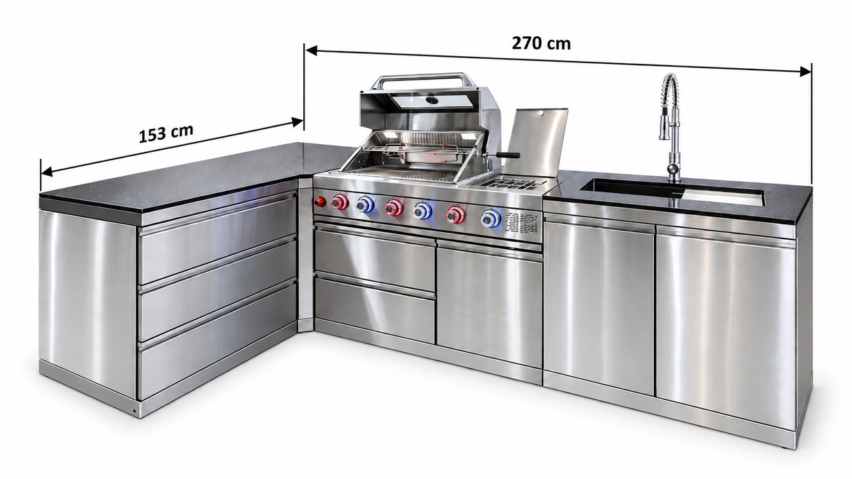 Bucătărie modulară de exterior în formă de L din inox cu grătar pe gaz, 3 sertare, chiuvetă cu robinet și blat din Quartz