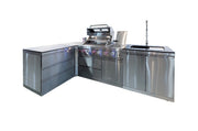 Bucătărie modulară de exterior în formă de L din inox cu grătar pe gaz, 3 sertare, chiuvetă cu robinet și blat din Quartz