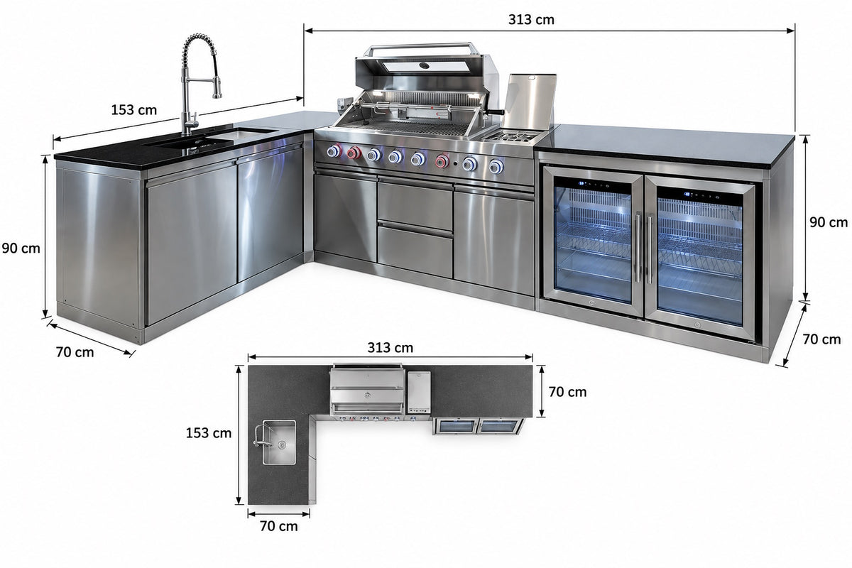 Bucătărie outdoor în L din inox cu grătar, 2 frigidere, chiuvetă și blat Quartz