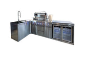 Bucătărie outdoor în L din inox cu grătar, 2 frigidere, chiuvetă și blat Quartz
