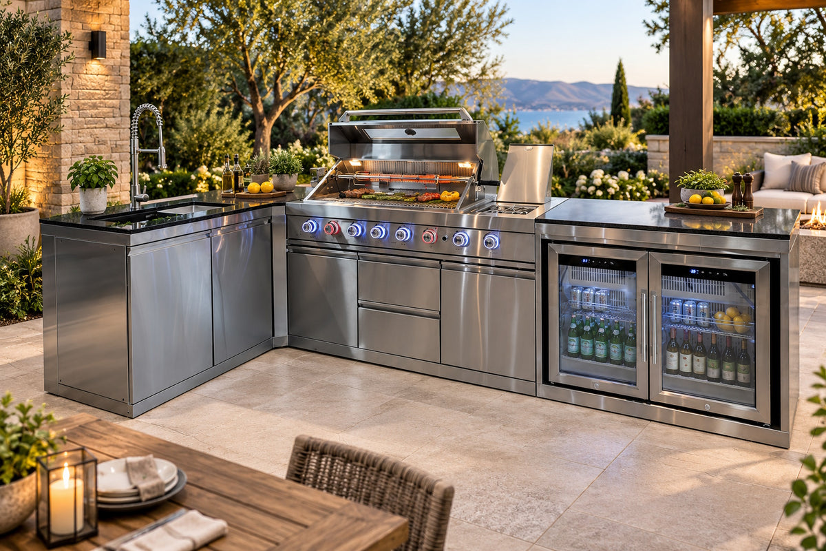 Bucătărie outdoor în L din inox cu grătar, 2 frigidere, chiuvetă și blat Quartz